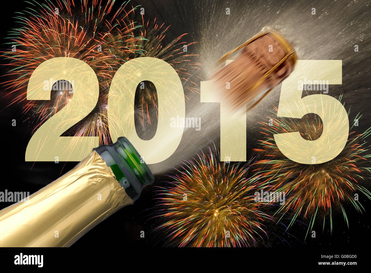 Nuovo anno fuochi d' artificio per 2015 con popping champagne Foto Stock