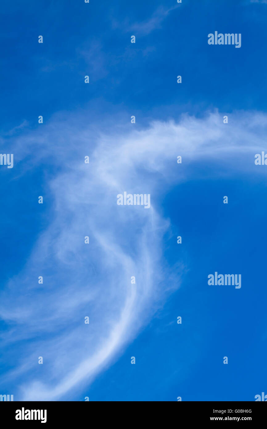 Arcuata verticale bianca wispy cirrus nuvola nel cielo blu chiaro Foto Stock