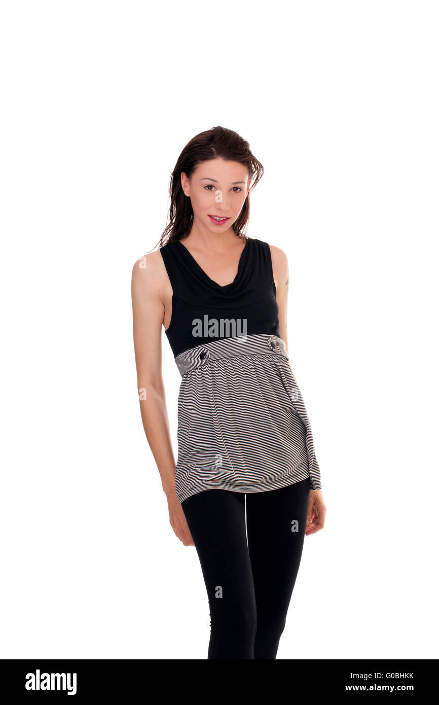 Giovane donna nero permanente leggings corto mantello outfit Foto stock -  Alamy