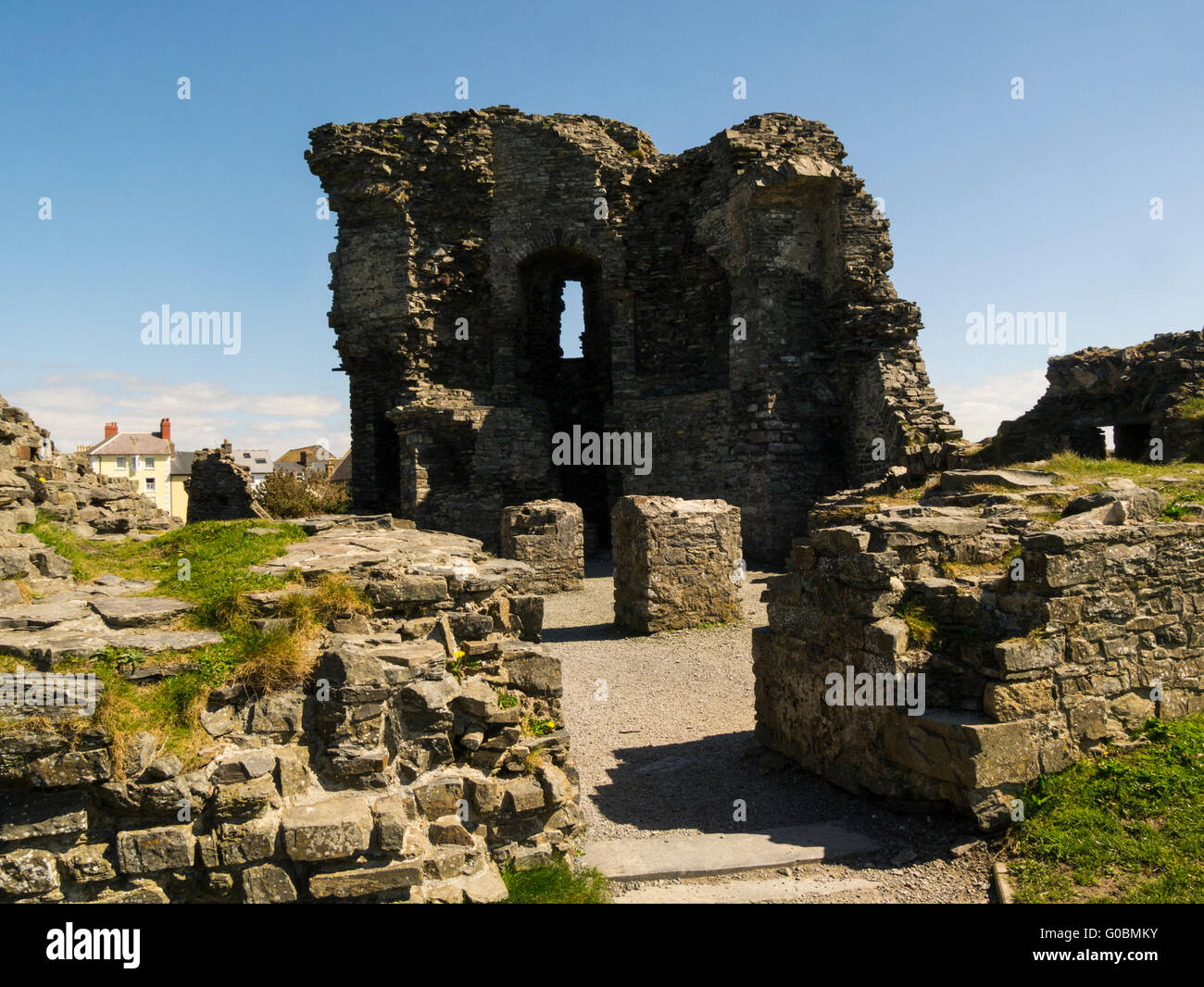 Rovine rivellino interno conserva di Aberystwyth Castle Ceredigion il Galles Centrale grado che ho elencato Edwardian fortezza 1637 Charles ho girato castello nella Royal Mint Foto Stock