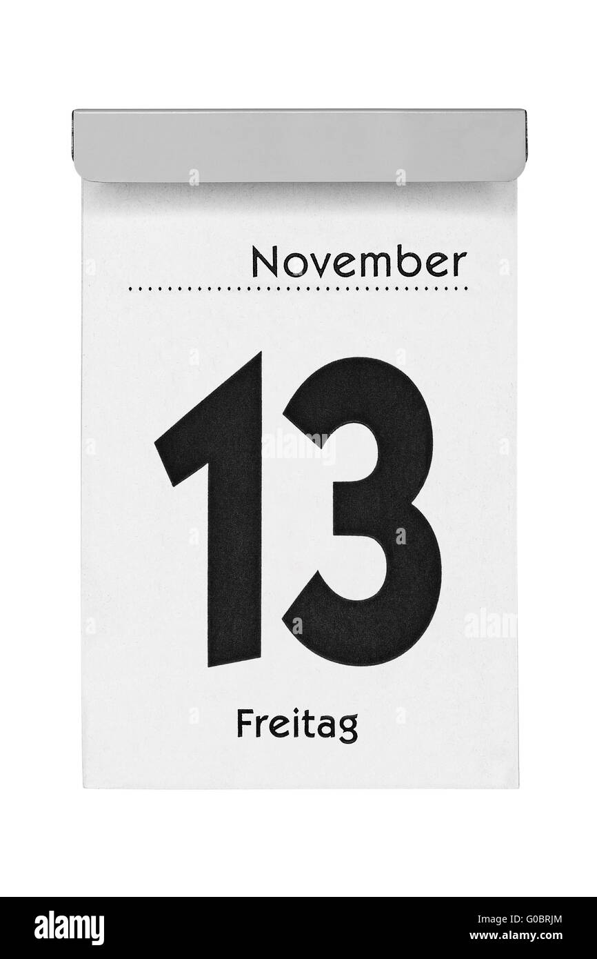 Foglio di Calendario Novembre xiii a venerdì Foto Stock
