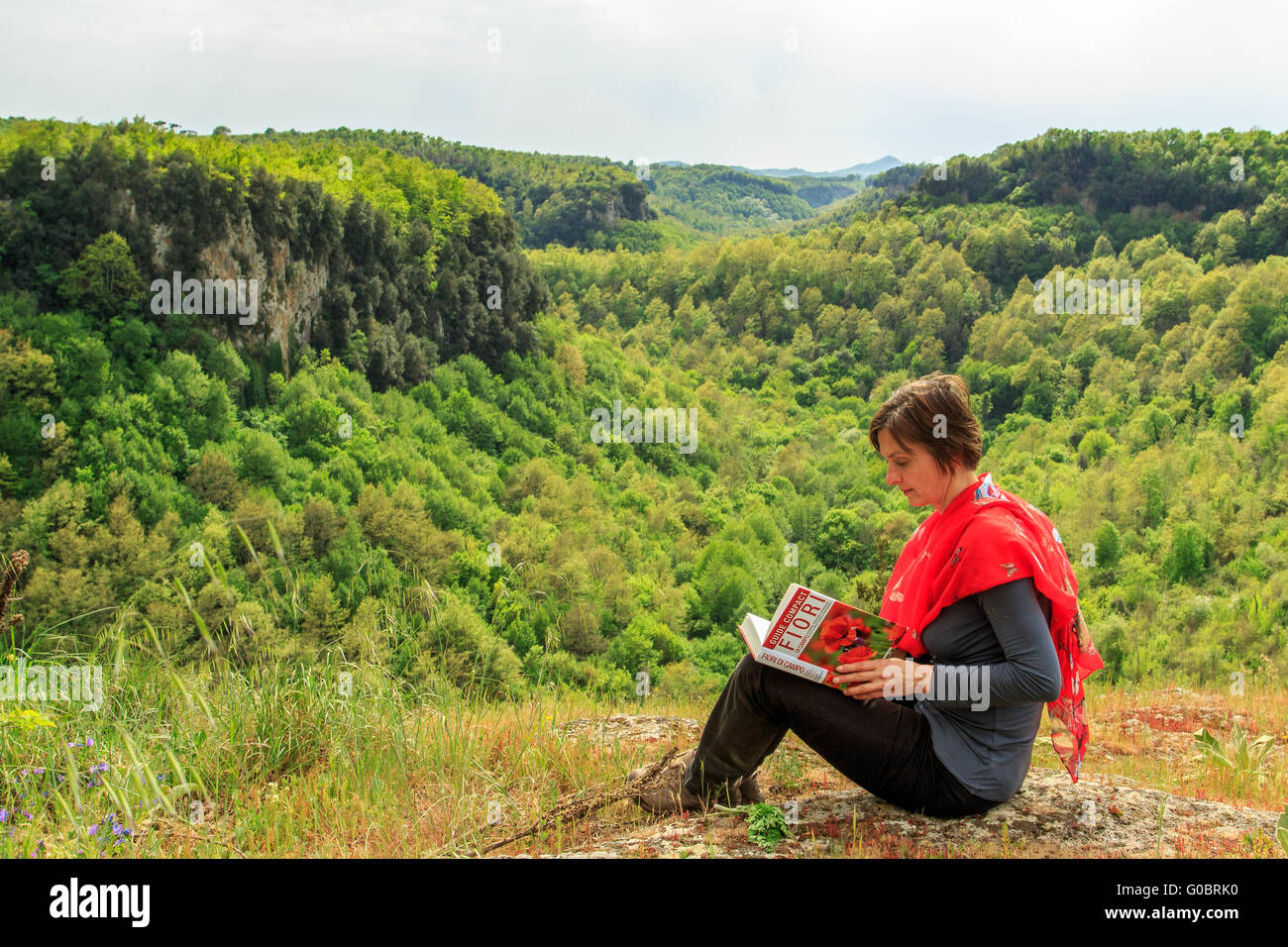 La donna la lettura di un libro sui fiori con un bellissimo sfondo di foresta Foto Stock
