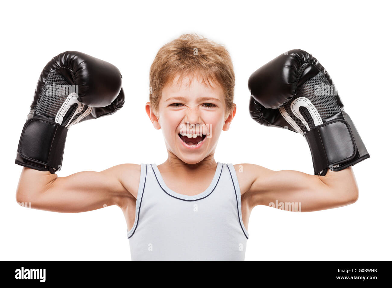 Sorridente campione del pugilato bambino ragazzo gesticolando per vi Foto Stock