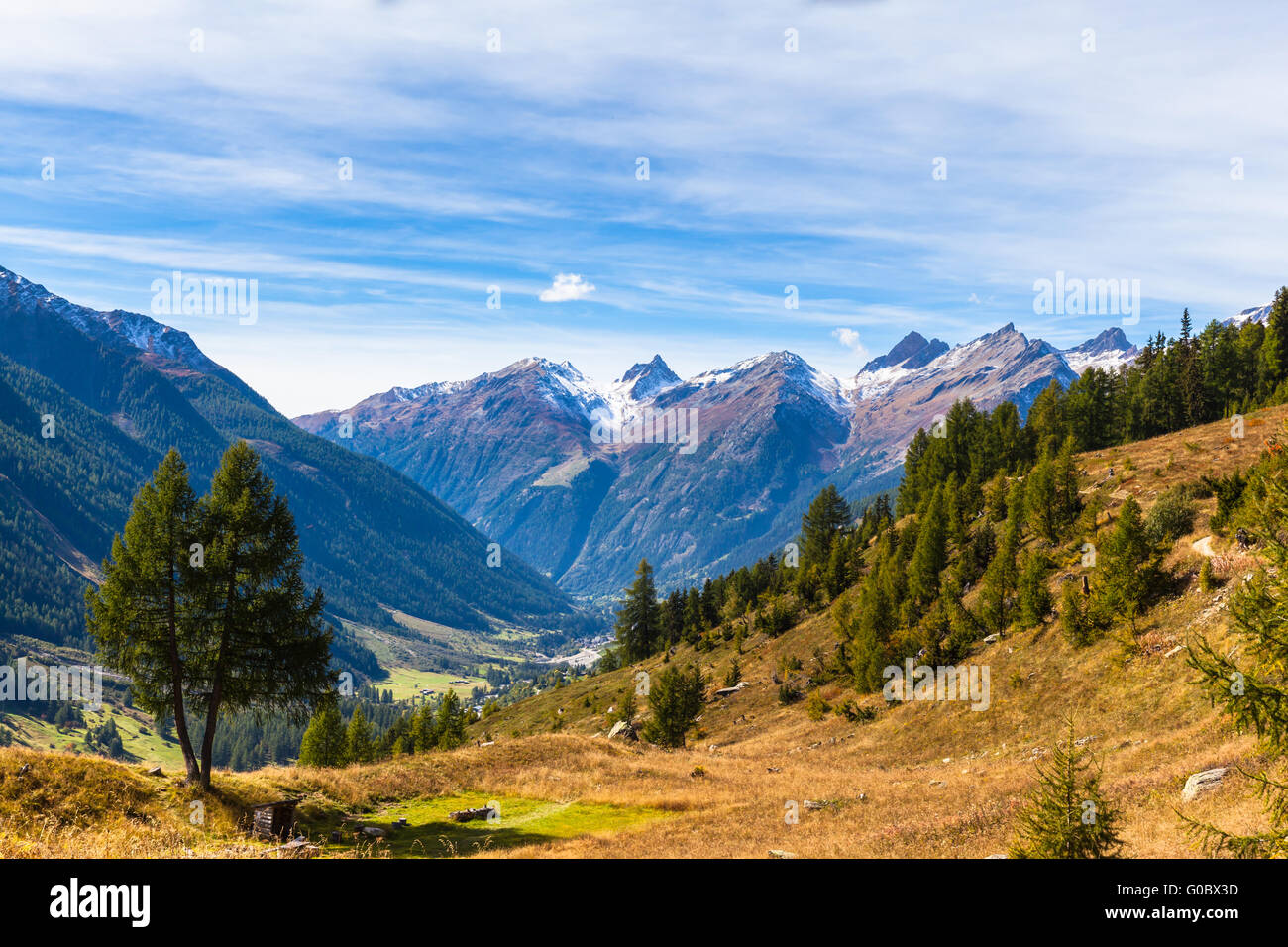 Vista panoramica della valle Loetschental e la catena montuosa delle Alpi  nel cantone del Vallese dal sentiero vicino al villag Foto stock - Alamy