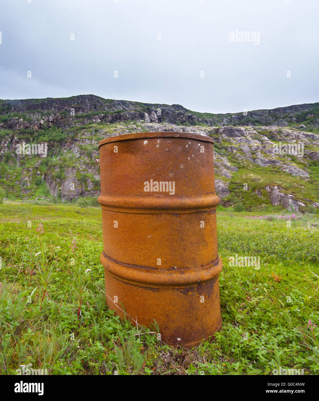 Fusti vuoti nell'Artico inquinamento ambientale Foto Stock