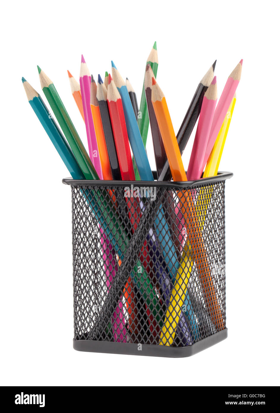 Varie matite di colore nero in contenitore metallico Foto Stock
