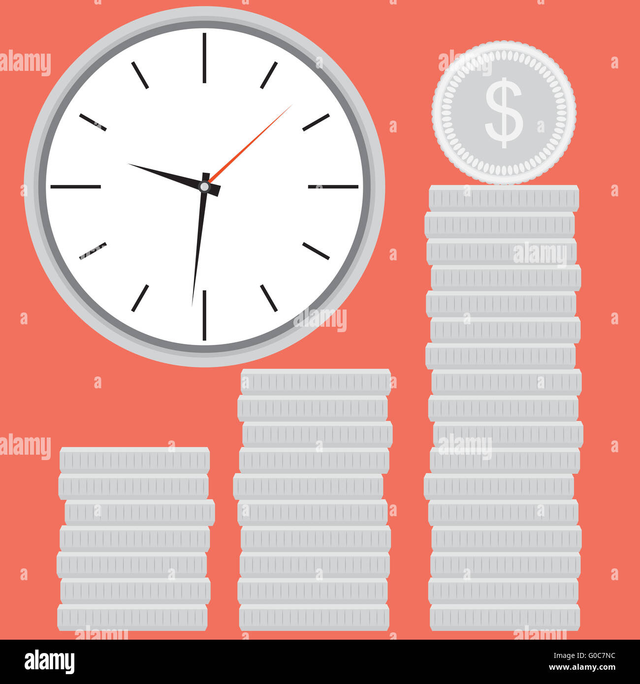 Orologio con moneta d'argento stock. Il tempo è denaro. Ora il denaro delle finanze e stock di monete, investimenti finanziari sul mercato bancario. Piatto di vettore Foto Stock
