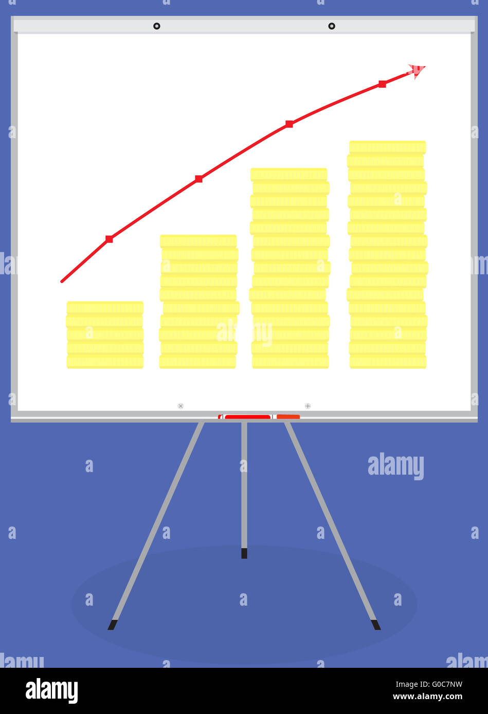 Un banner o un poster moneta d'oro fino. Aumento di denaro e analisi di contabilità. Vector design piatto illustrazione Foto Stock