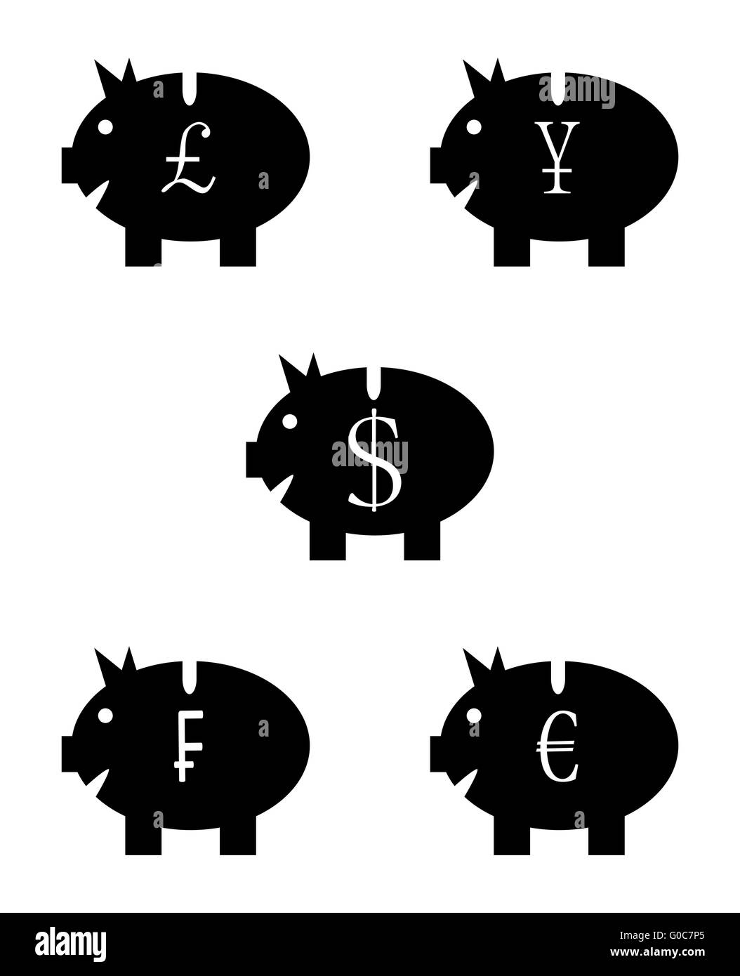 Set di salvadanaio in bianco nero icona. Yen di ricchezza e di valuta in contanti di investimento euro dollaro, salvadanaio franc icon.Vettore design piatto Foto Stock