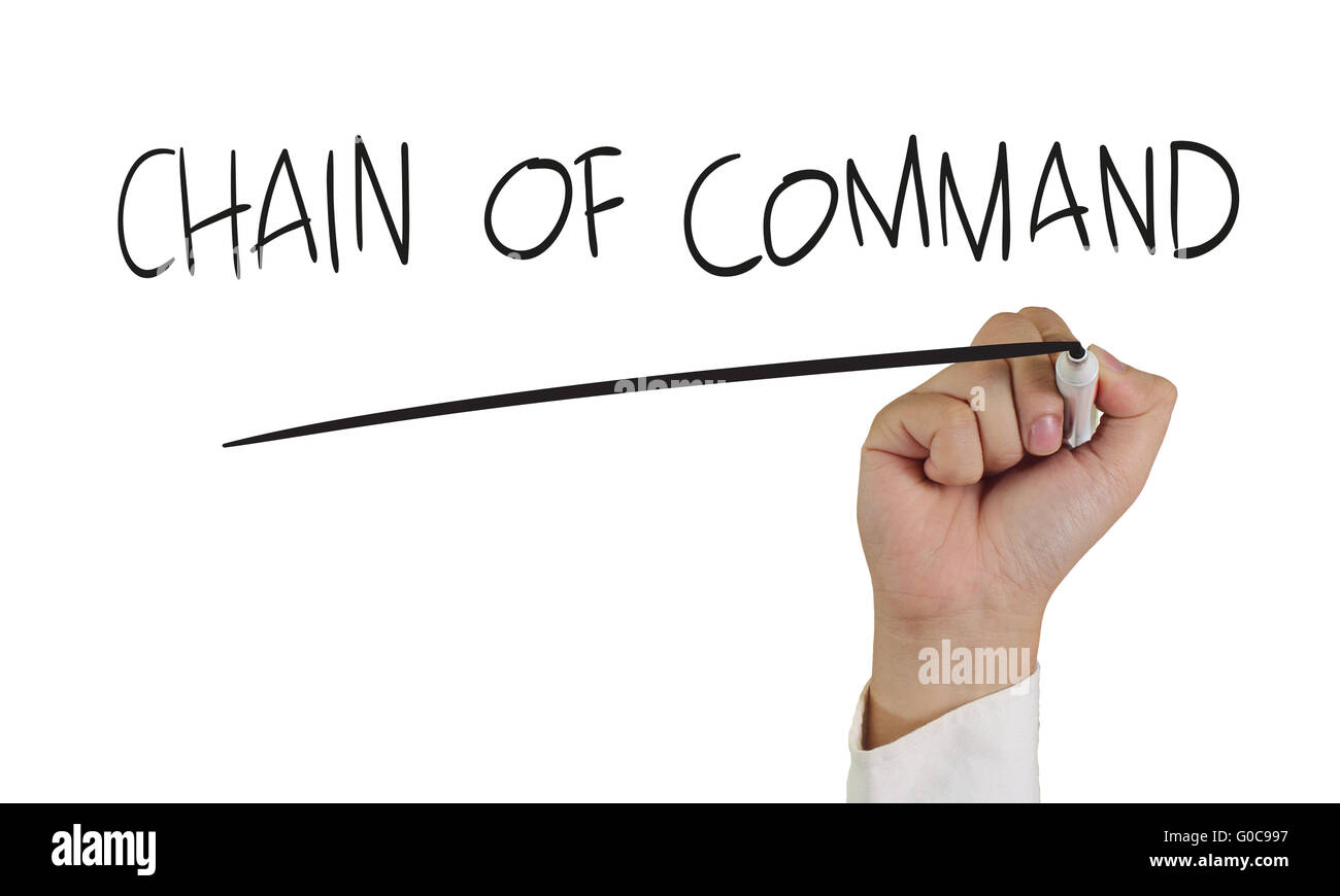 Il concetto di Business immagine di una mano che tiene pennarello e scrivere la catena di comando isolato su bianco Foto Stock