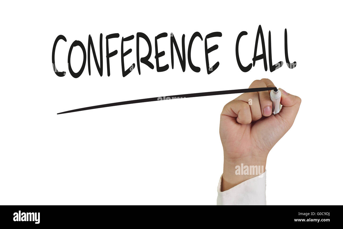 Il concetto di Business immagine di una mano che tiene pennarello e scrivere la chiamata in conferenza isolato su bianco Foto Stock