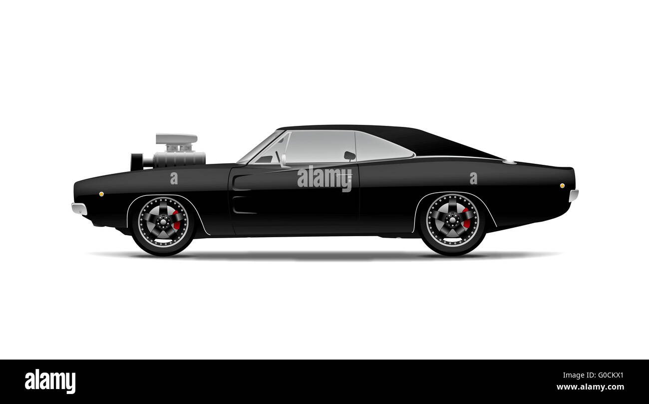 Black muscle car con sovralimentatore Foto Stock