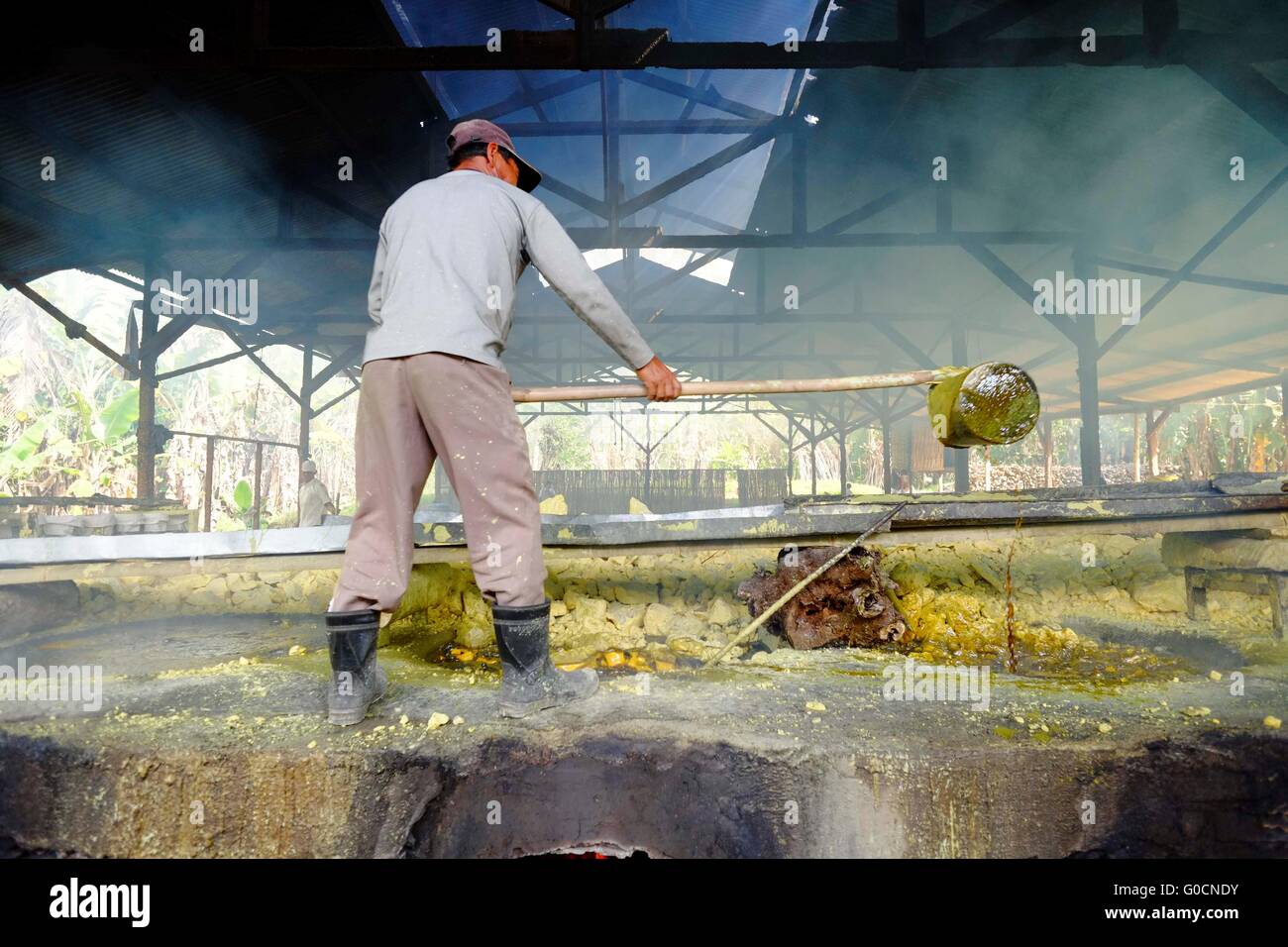 Attività quotidiane all'interno del tradizionale fabbrica di zolfo in Ijen, Indonesia. Lo zolfo è un vulcanico acida con il colore giallo. Foto Stock