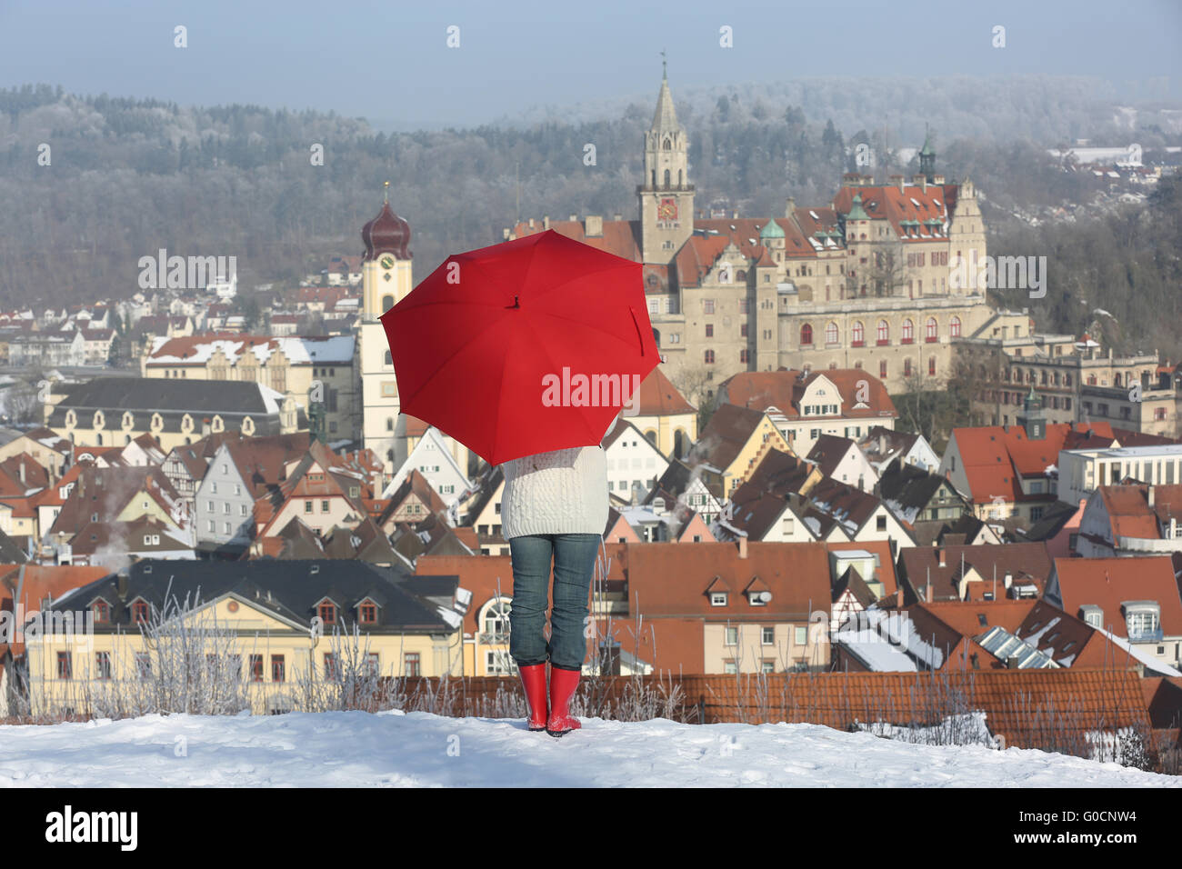 Castello Sigmaringen, rosso ombrello 3 Foto Stock