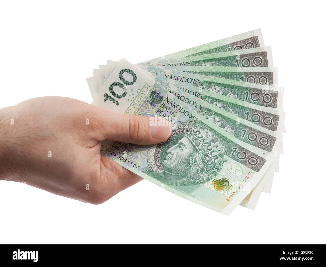 Il polacco soldi in mano con tracciato di ritaglio Foto Stock