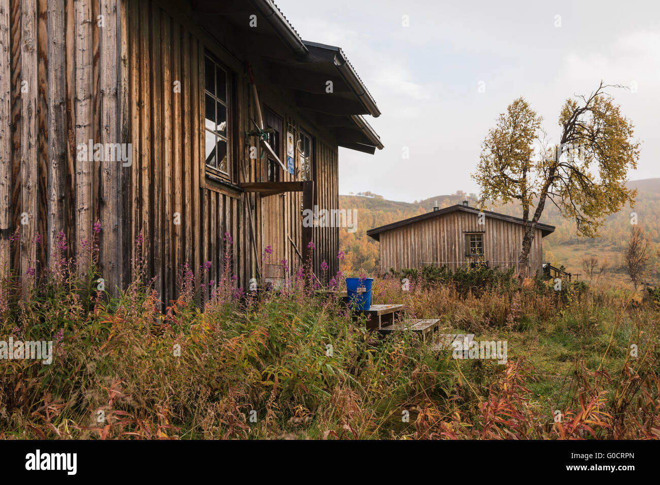 STF servire capanna in autunno, Kungsleden trail, Lapponia, Svezia Foto Stock