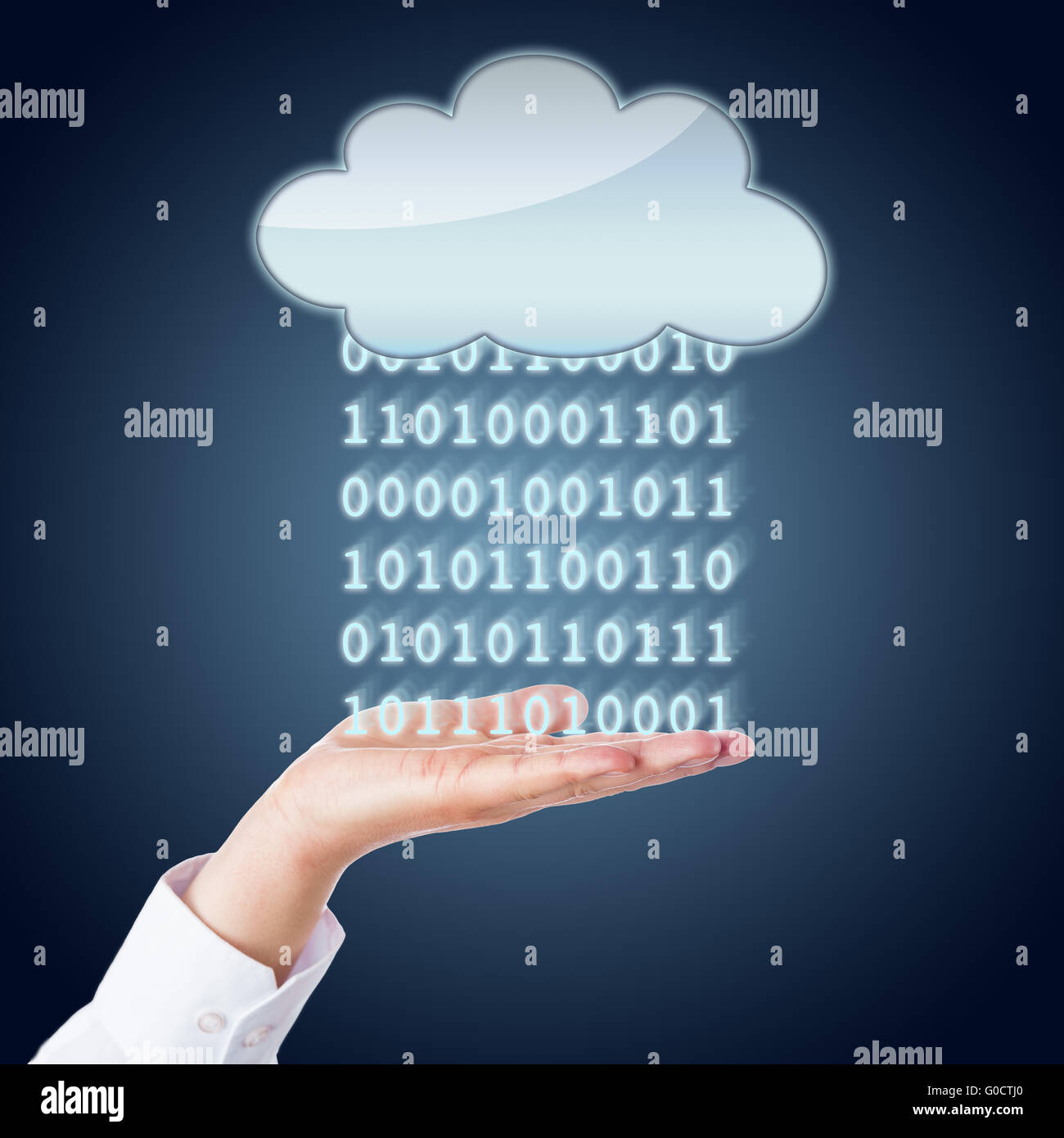 Zeri e uni che scorre tra il Cloud e la mano Foto Stock