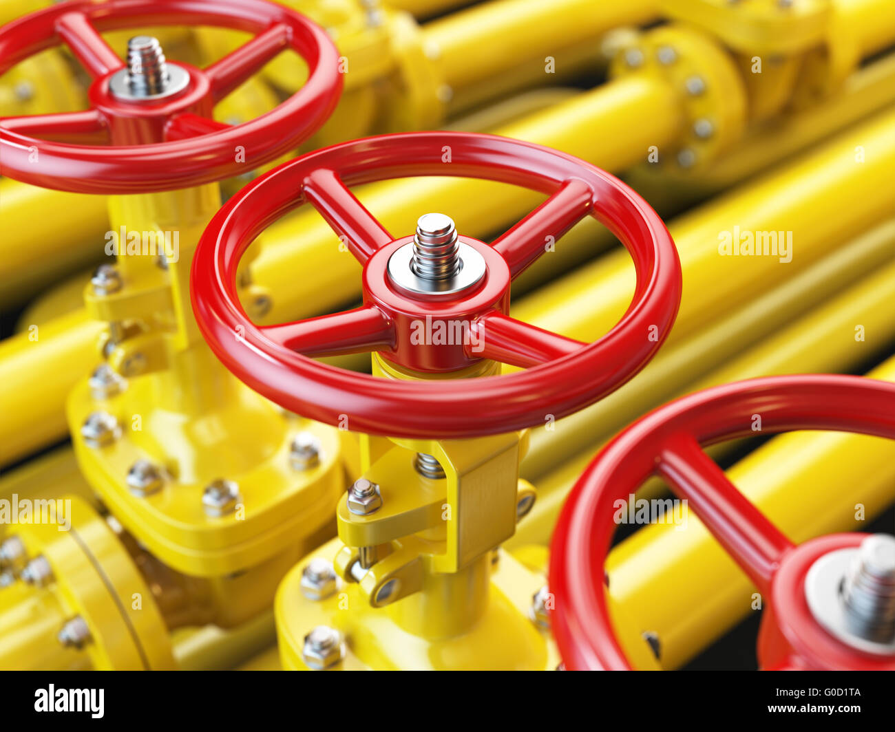Olio giallo o tubo gas valvole di linea. 3d illustrazione Foto Stock