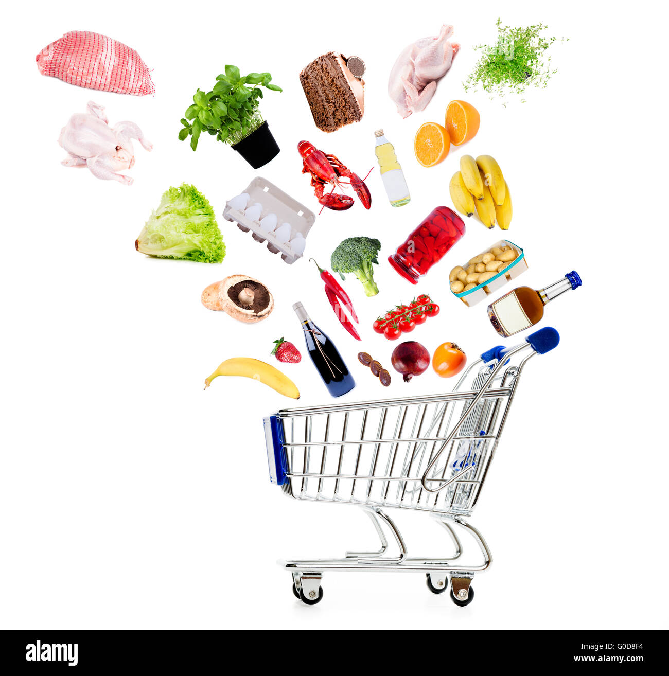 Carrello con beni alimentari isolati su bianco shot concettuale Foto Stock Carrello con beni alimentari isolati su bianco shot concettuale Foto Stock