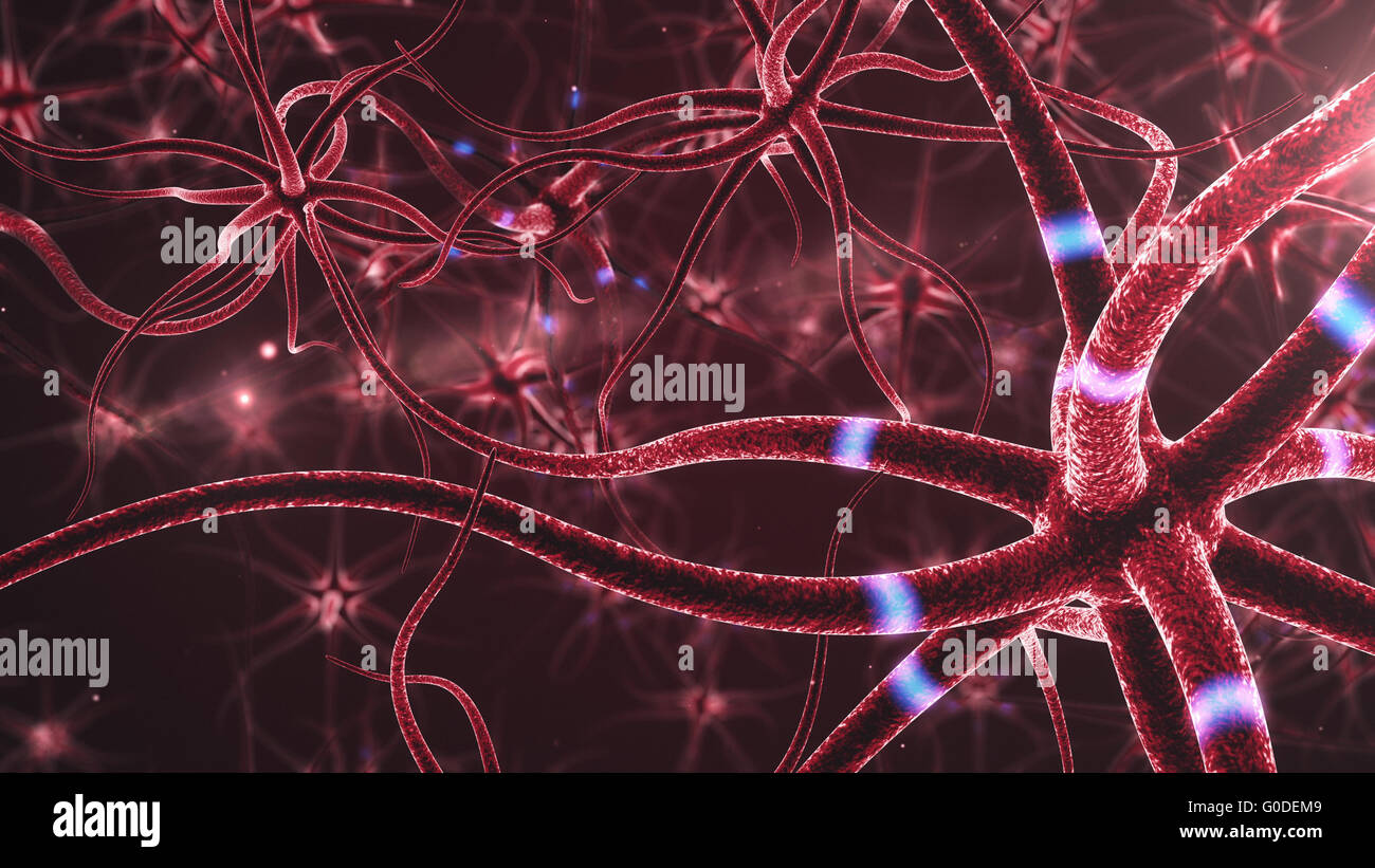 I neuroni abstract sfondo rosso - 3d reso close up di un attivo di cellule nervose. Foto Stock