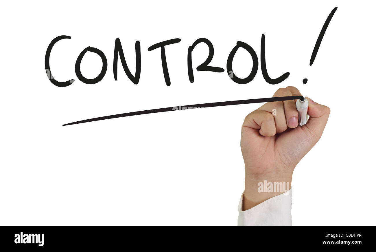 Il concetto di Business immagine di una mano che regge il marcatore e il comando di scrittura isolato su bianco Foto Stock