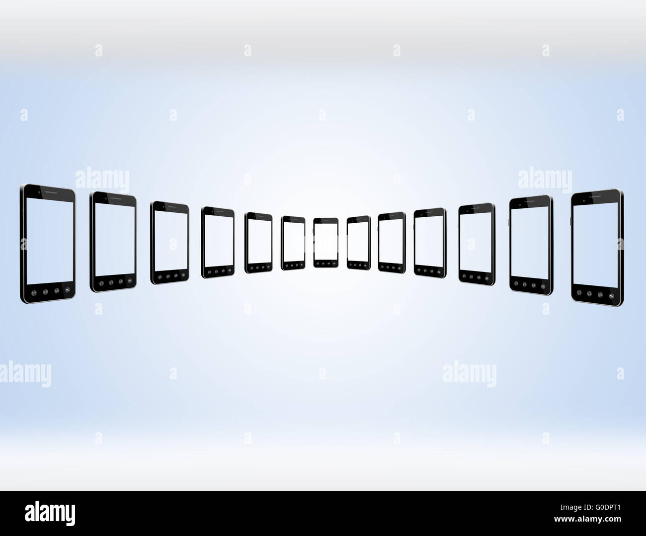 Trasparente smart-phone in fila sul blu chiaro Foto Stock