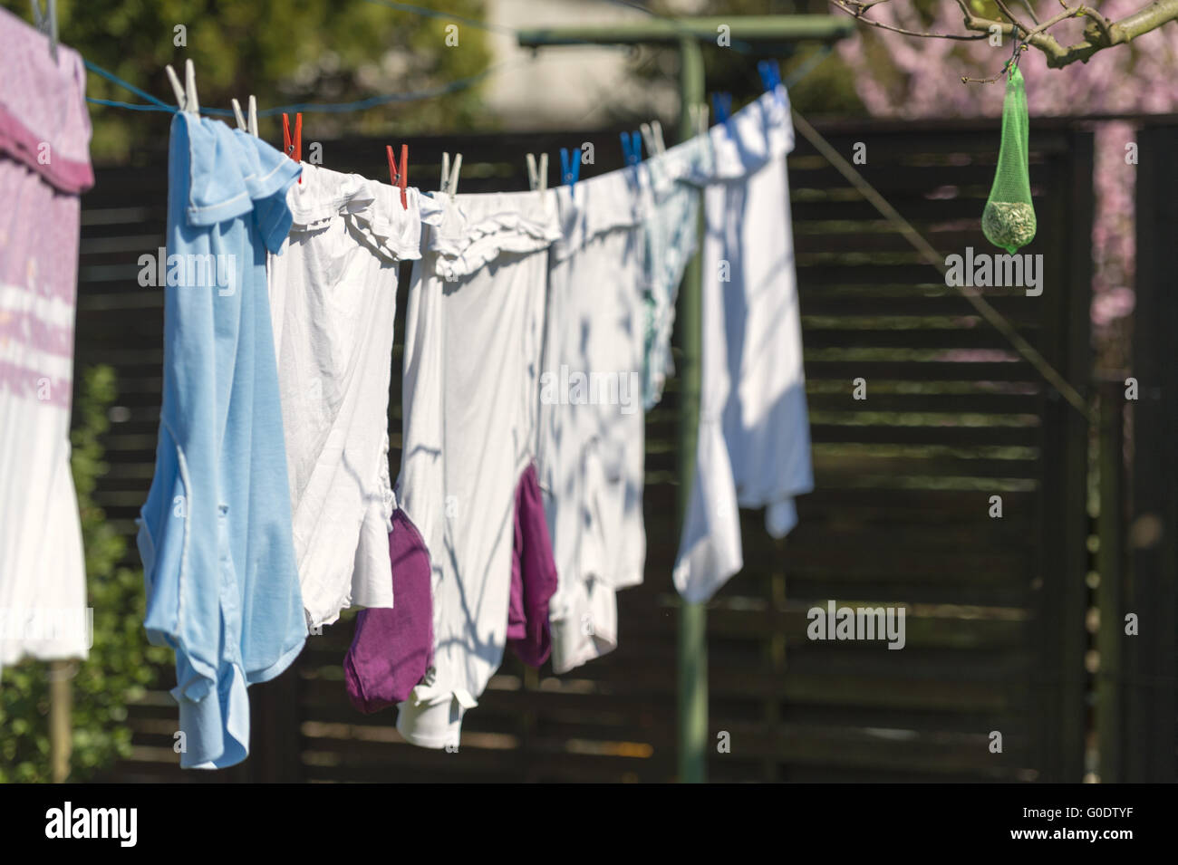 Lavanderia bianco di essiccazione al sole su un guinzaglio. Foto Stock