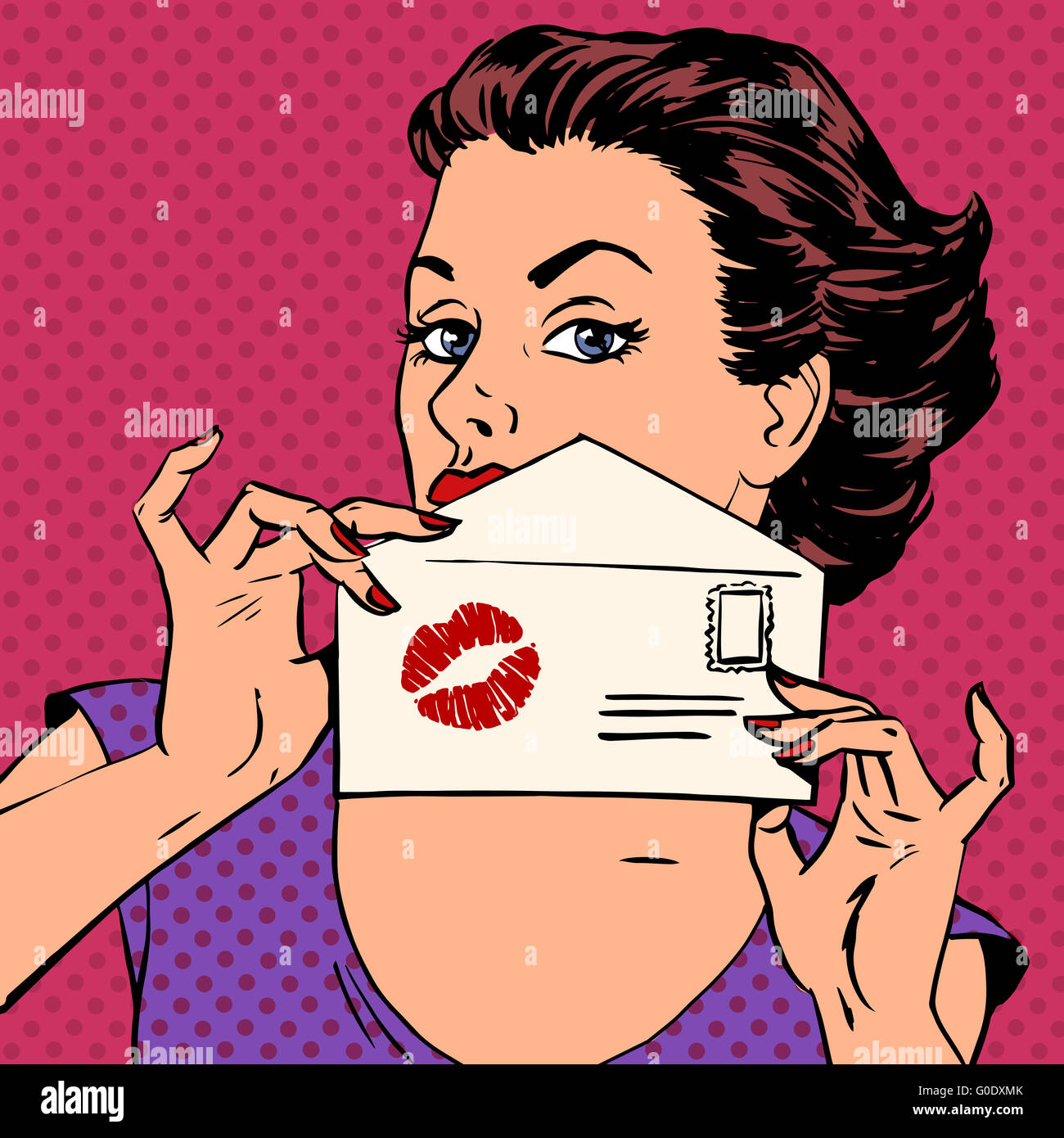 La ragazza con la busta per lettera e kiss rossetto arte pop Foto Stock