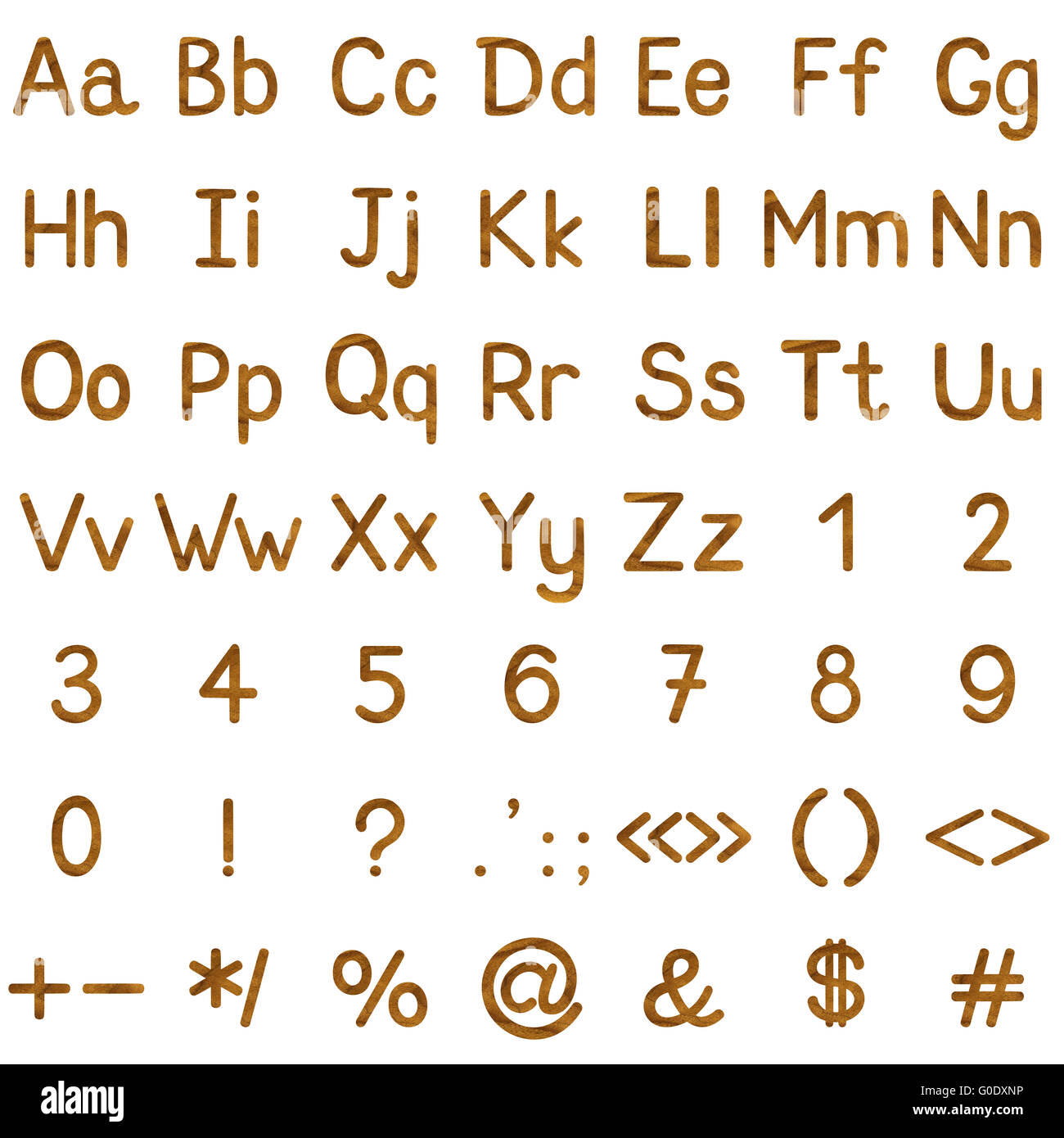 Serie di lettere e segni, teak impiallacciato Foto Stock