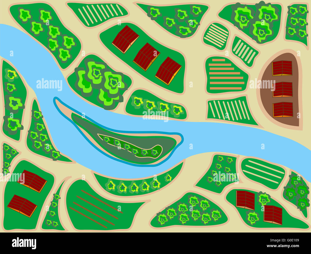 Mappa stilizzata area di visualizzazione superiore del fiume verde del campo Foto Stock