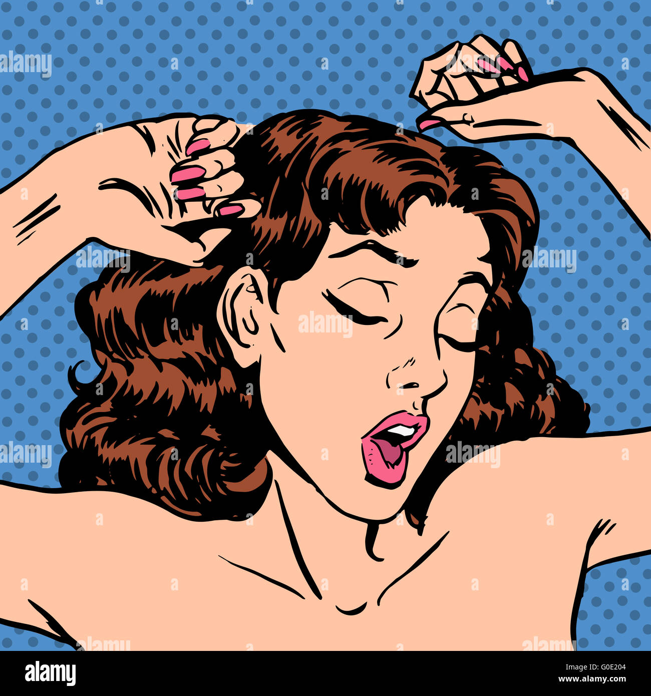 Al mattino una donna si sveglia nel letto a sbadigliare dopo lo stato di stop Foto Stock