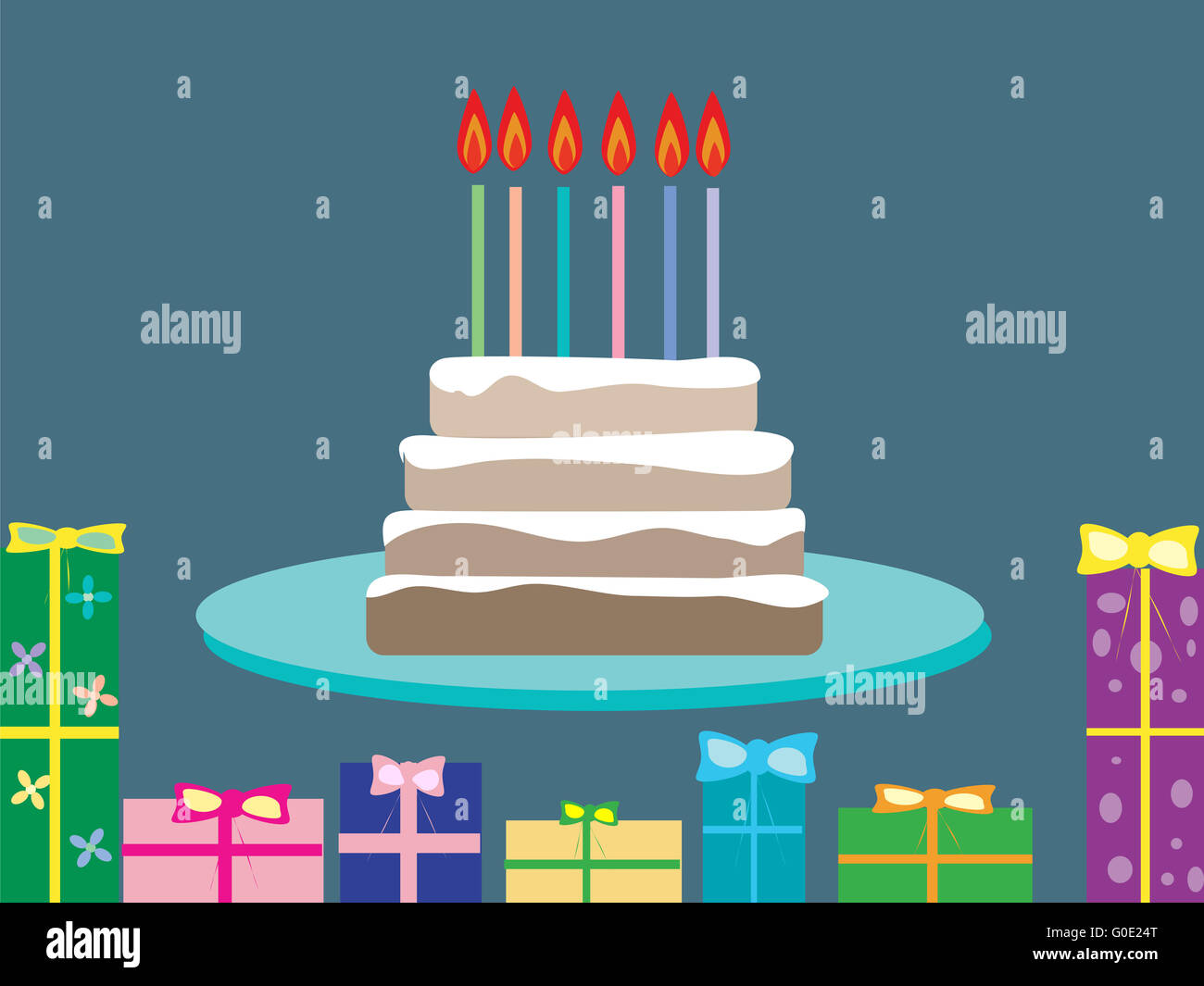 Torta regali di compleanno vacanza candele 6 anni Foto Stock