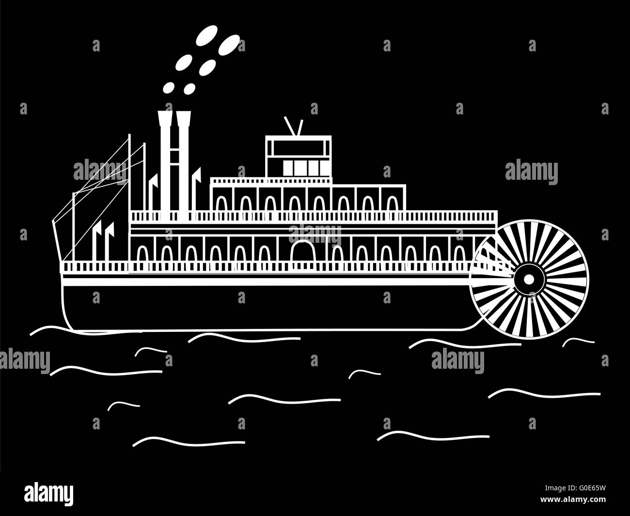 Silhouette barca con una ruota di acqua Foto Stock