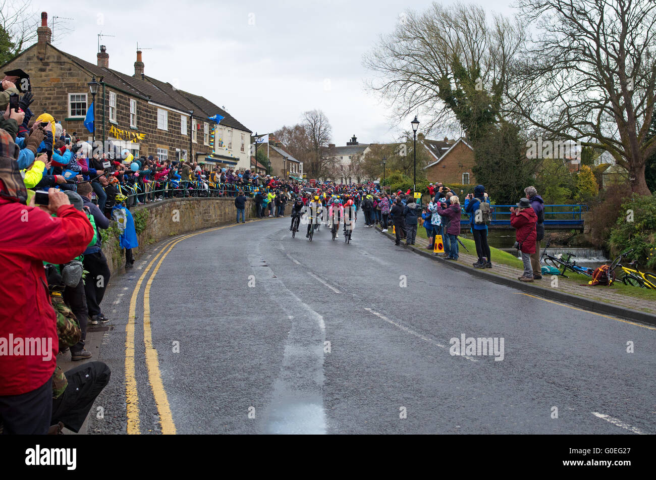 Grande Ayton, North Yorkshire, Regno Unito, 1 maggio 2016. In una piovosa mattinata folle la linea street, come il fronte principale peloton nello stadio 3 del 2016 Tour de Yorkshire scorre attraverso il villaggio. Credito: Julie friggitrice/Alamy Live News Foto Stock