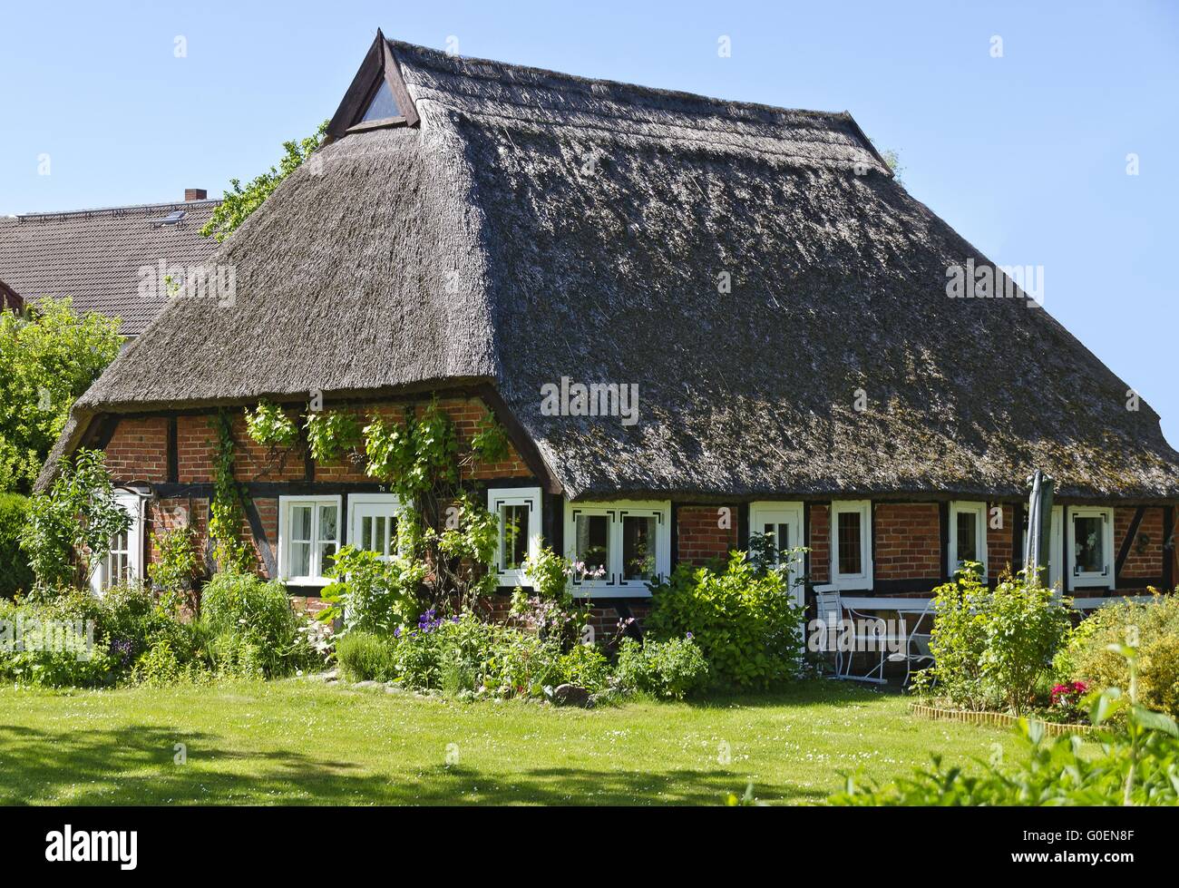 Tradizionale a metà legno dal tetto di casa con reed Foto Stock