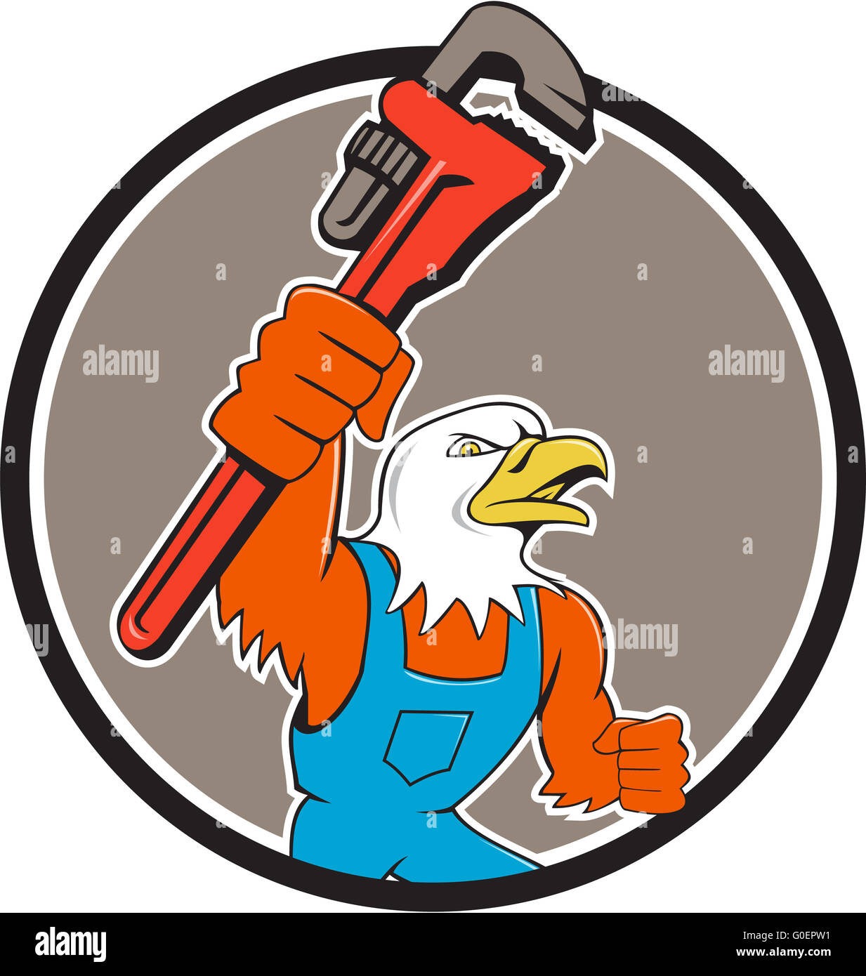 Aquila calva Plumber Monkey Wrench cerchio Cartoon Foto Stock