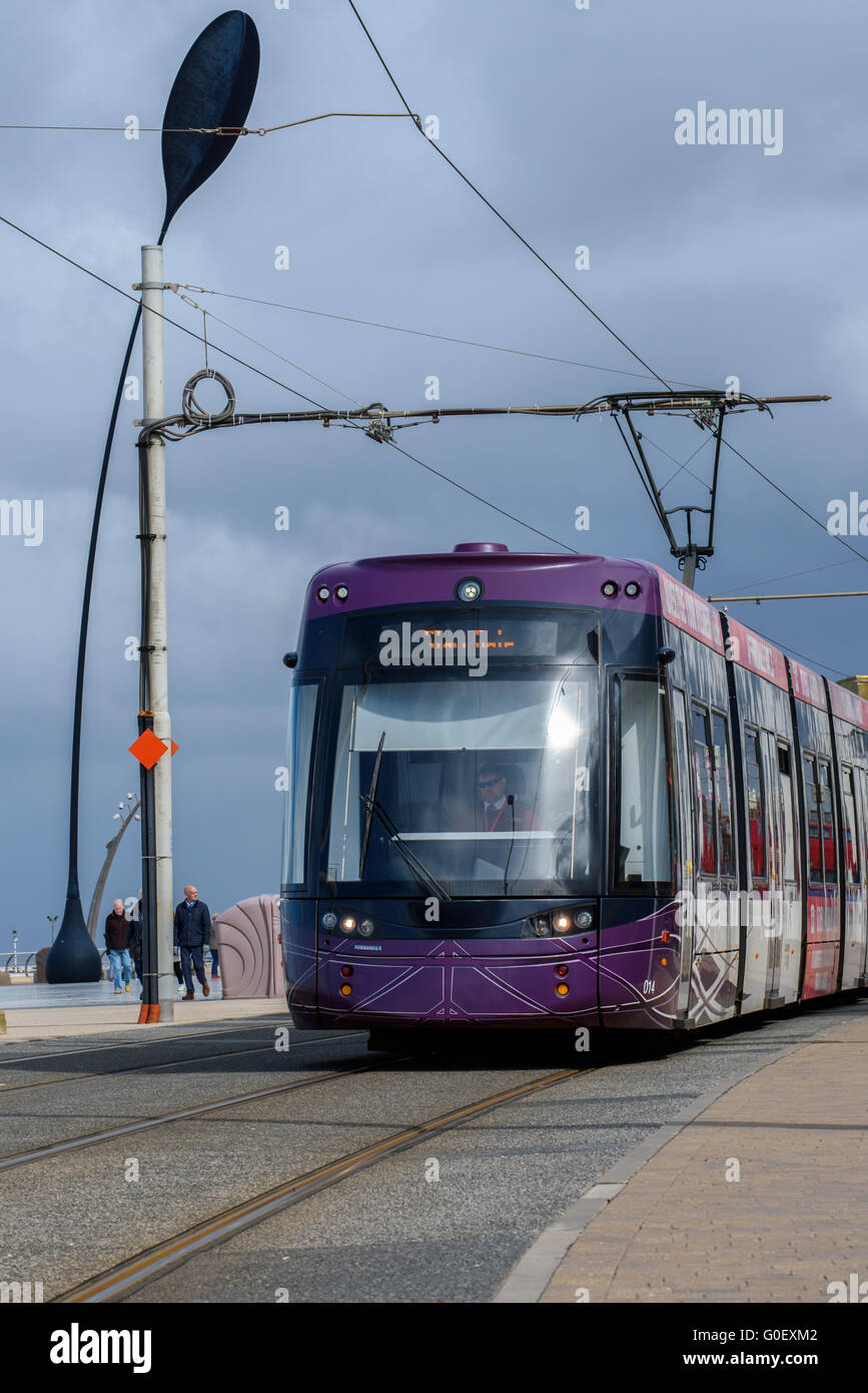 Moderno tram viaggiano lungo la Promenade di Blackpool, Lancashire, Regno Unito Foto Stock