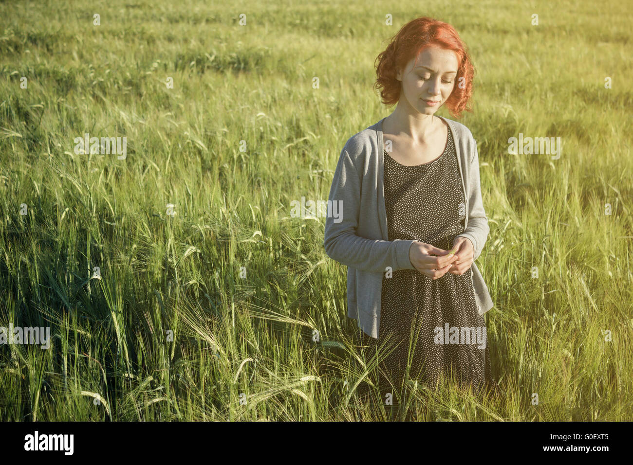 Ragazza e campo verde al mattino Foto Stock