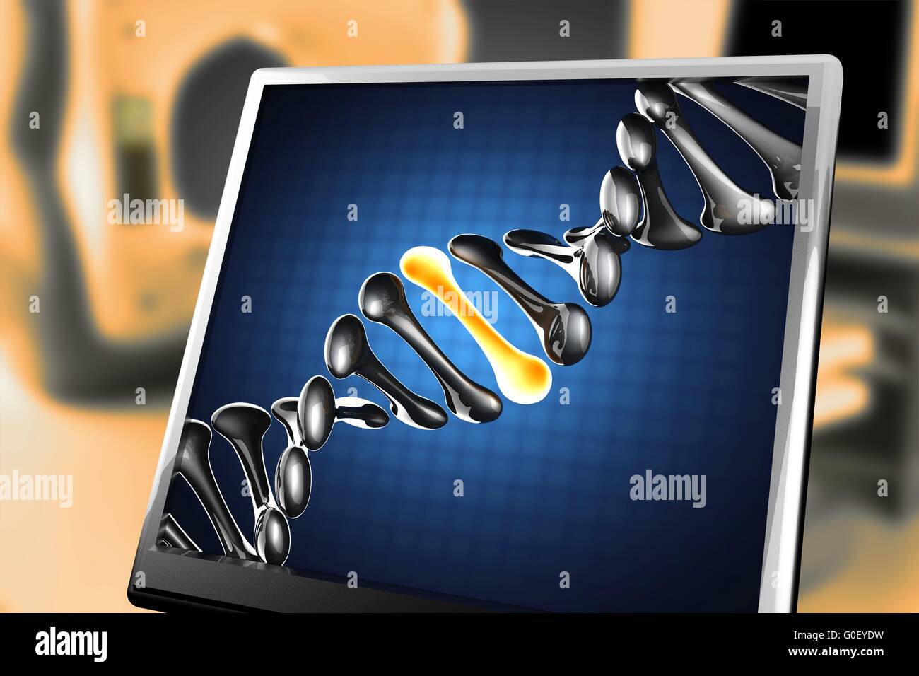 Modello di DNA su sfondo blu al monitor Foto Stock