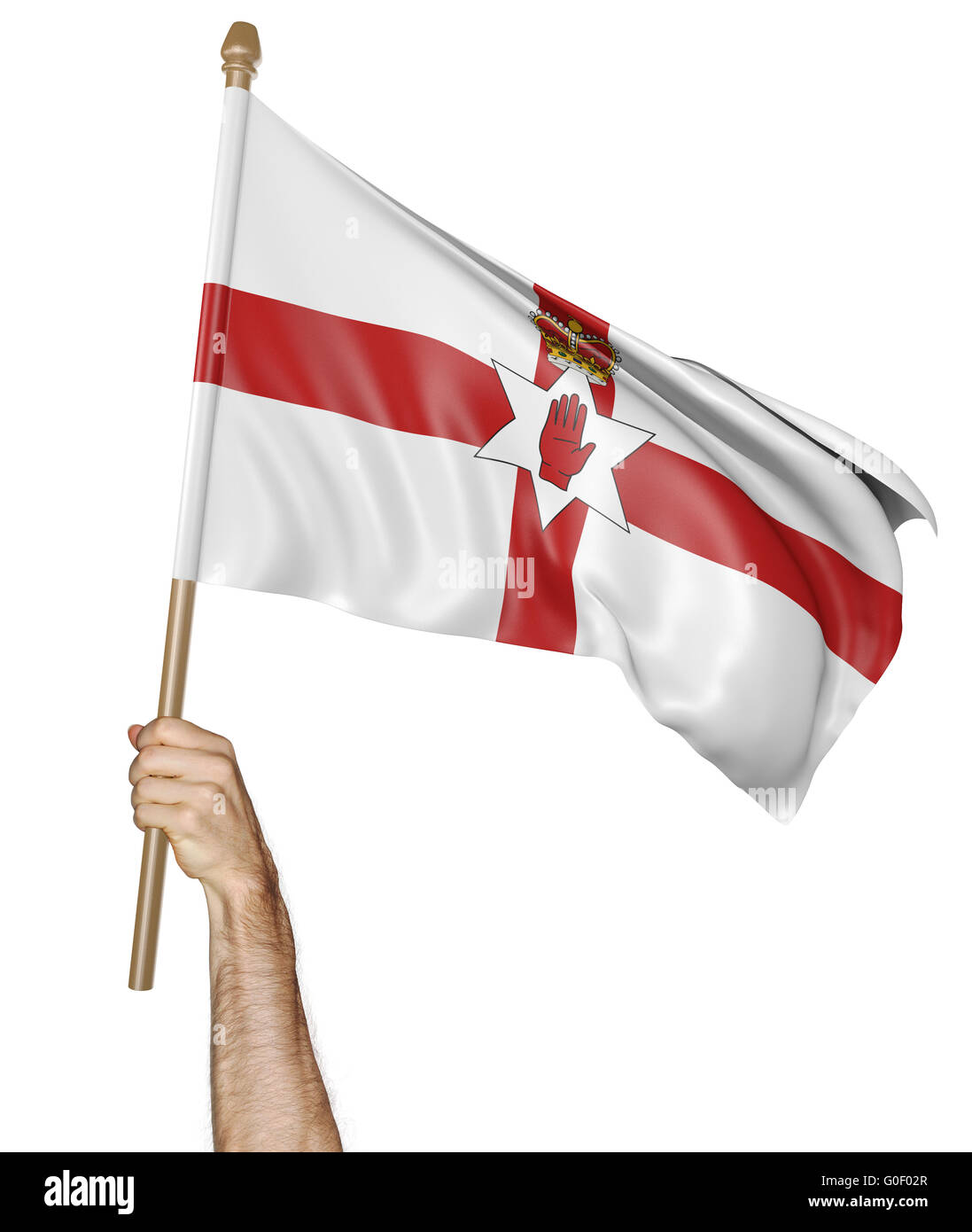 Mano orgogliosamente sventolare la bandiera nazionale dell'Irlanda del Nord, rendering 3D Foto Stock