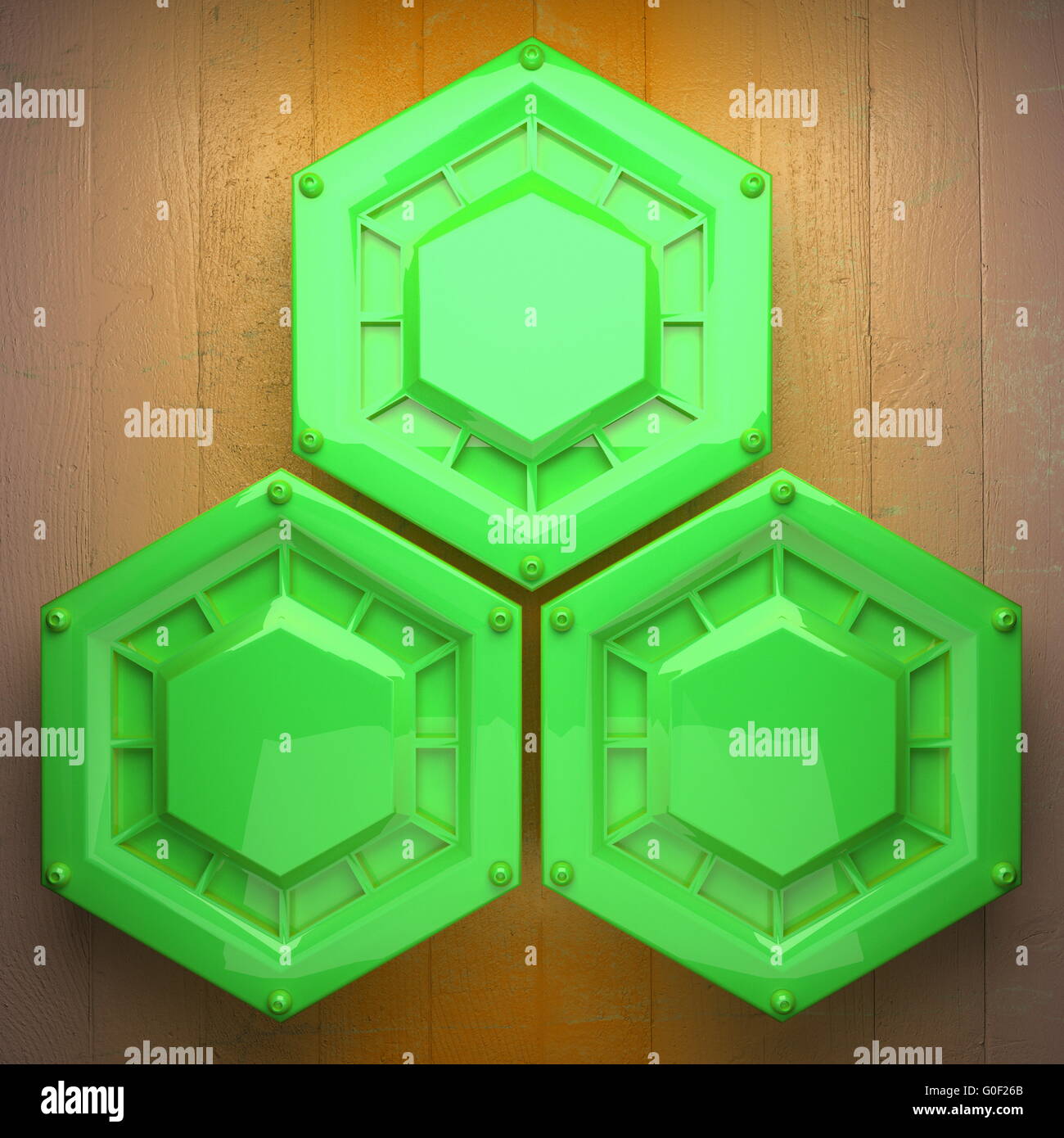 Di metallo verde e giallo sullo sfondo di legno Foto Stock