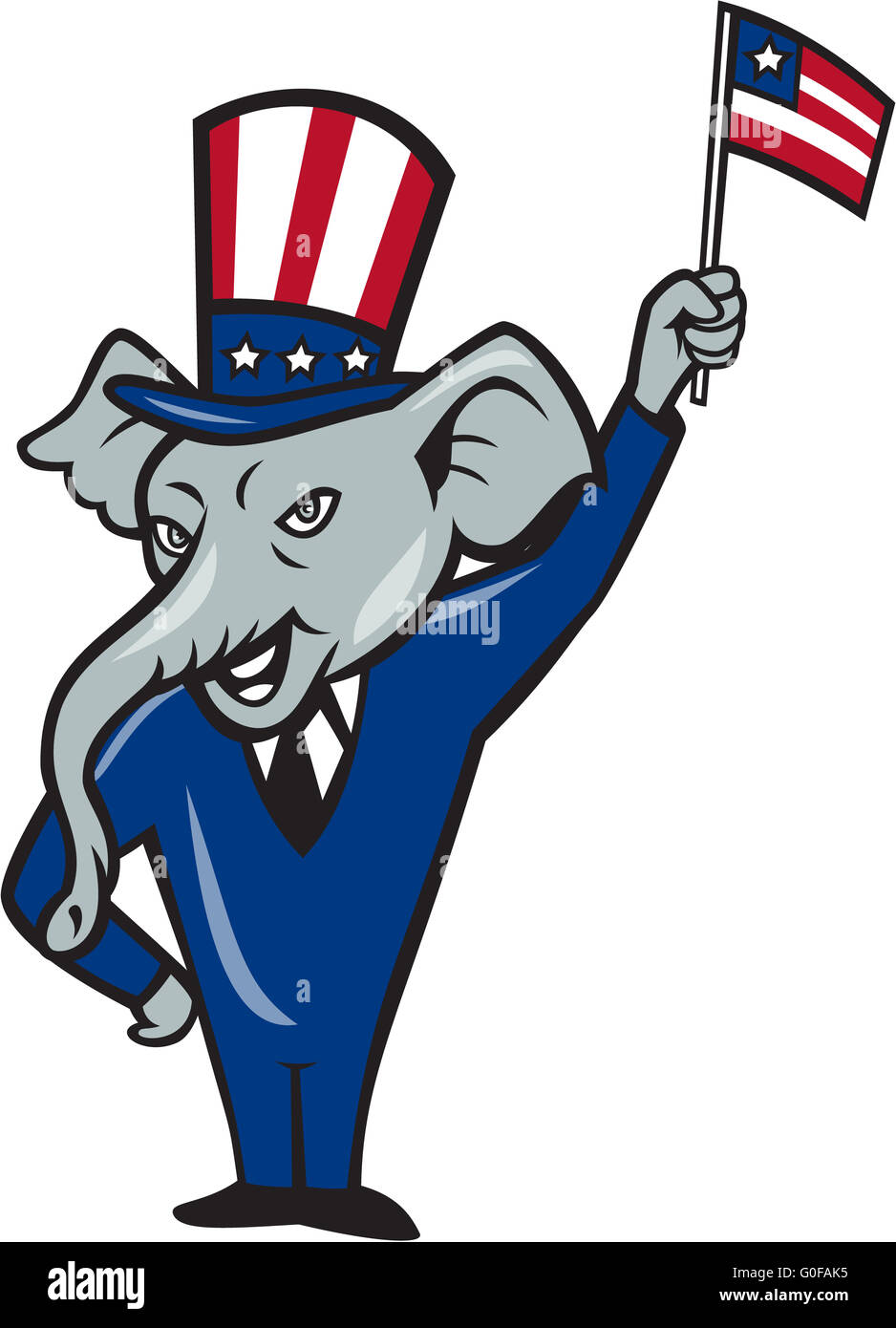 Mascotte repubblicano elefante ci sventola Bandiera Cartoon Foto Stock