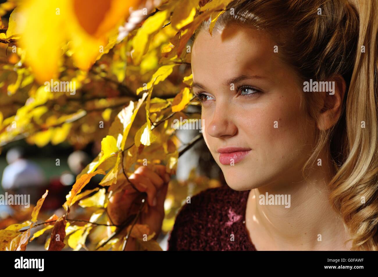 Ritratto di una giovane donna di fronte a foglie di autunno Foto Stock