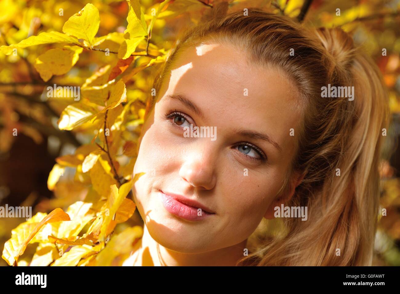 Ritratto di una giovane donna di fronte a foglie di autunno Foto Stock