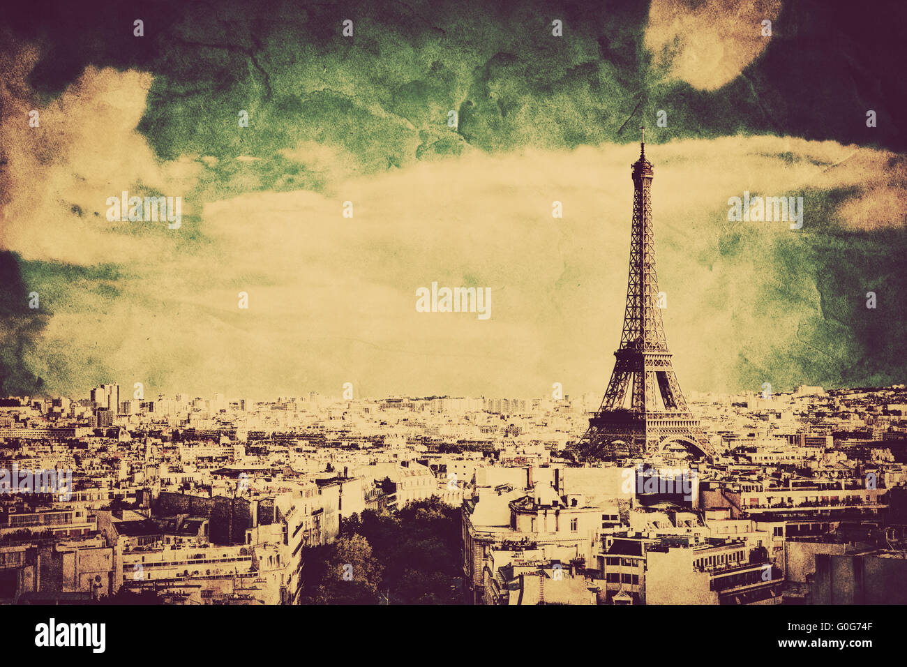 Vista sulla Torre Eiffel e su Parigi, Francia. Retrò stile vintage Foto Stock
