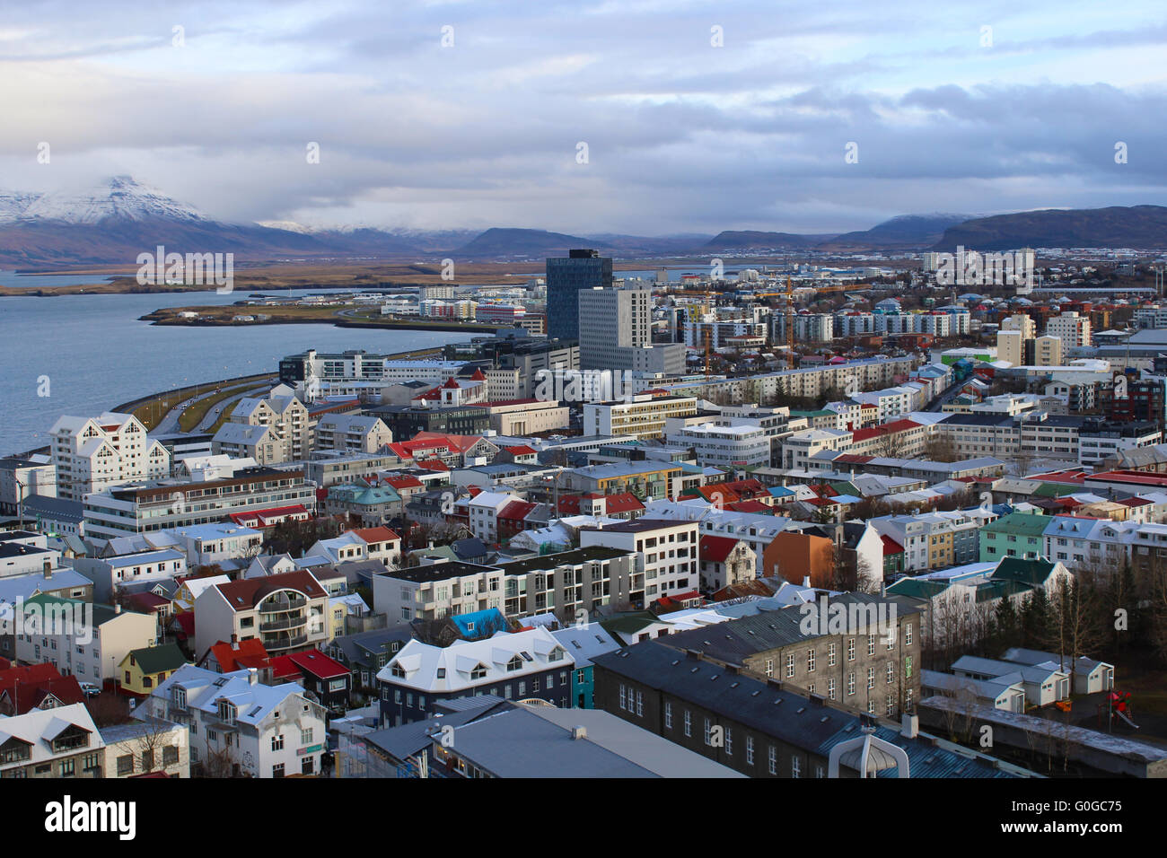 Vista dalla chiesa Hallgrímskirkja, Reykjavik, Islanda Foto Stock