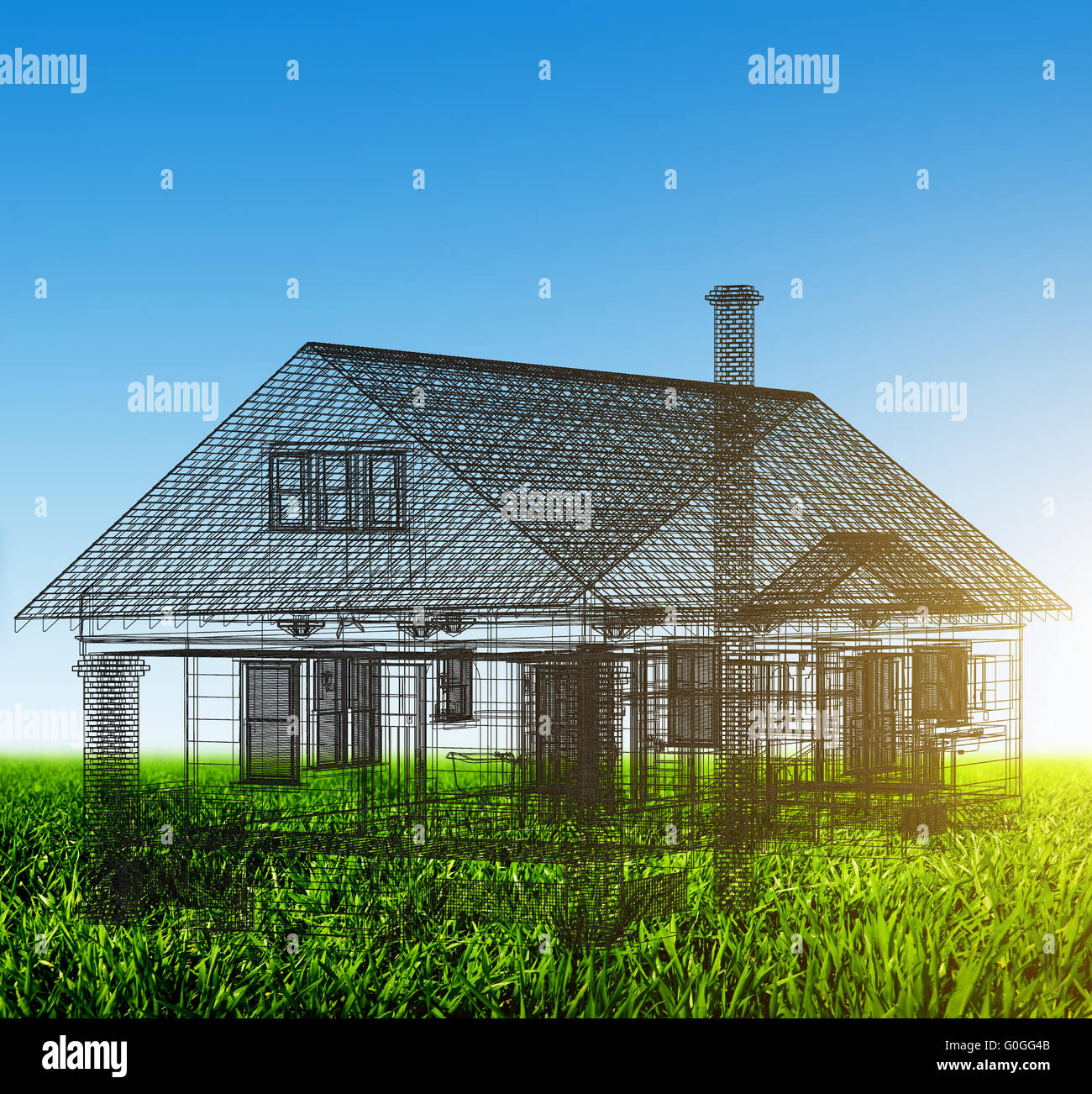 Nuova casa progetto wireframe sul campo verde. Blue sky copyspace. Architettura Foto Stock