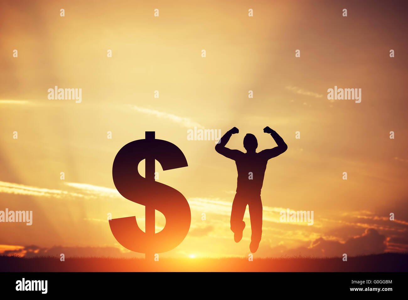 L'uomo salti di gioia accanto al simbolo del dollaro. Vincitore della lotteria Foto Stock