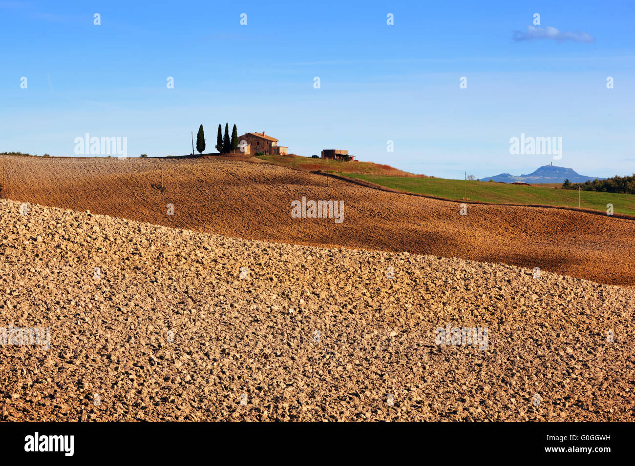 Paesaggio toscano. Campo, agriturismo tra i cipressi. Italia Foto Stock