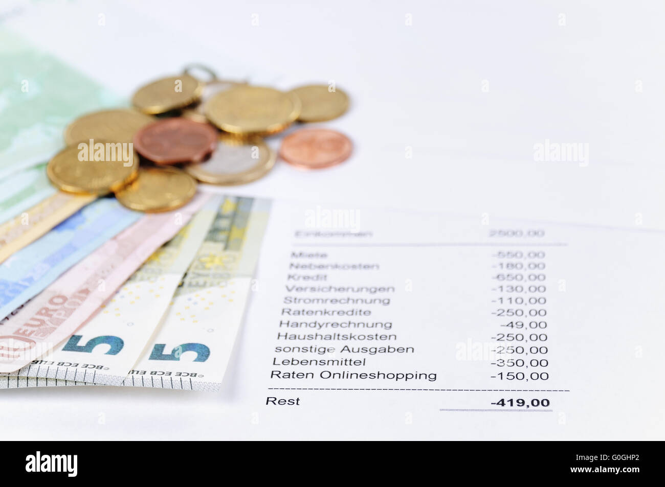 Monete metalliche in euro e Bill con grafico Foto Stock